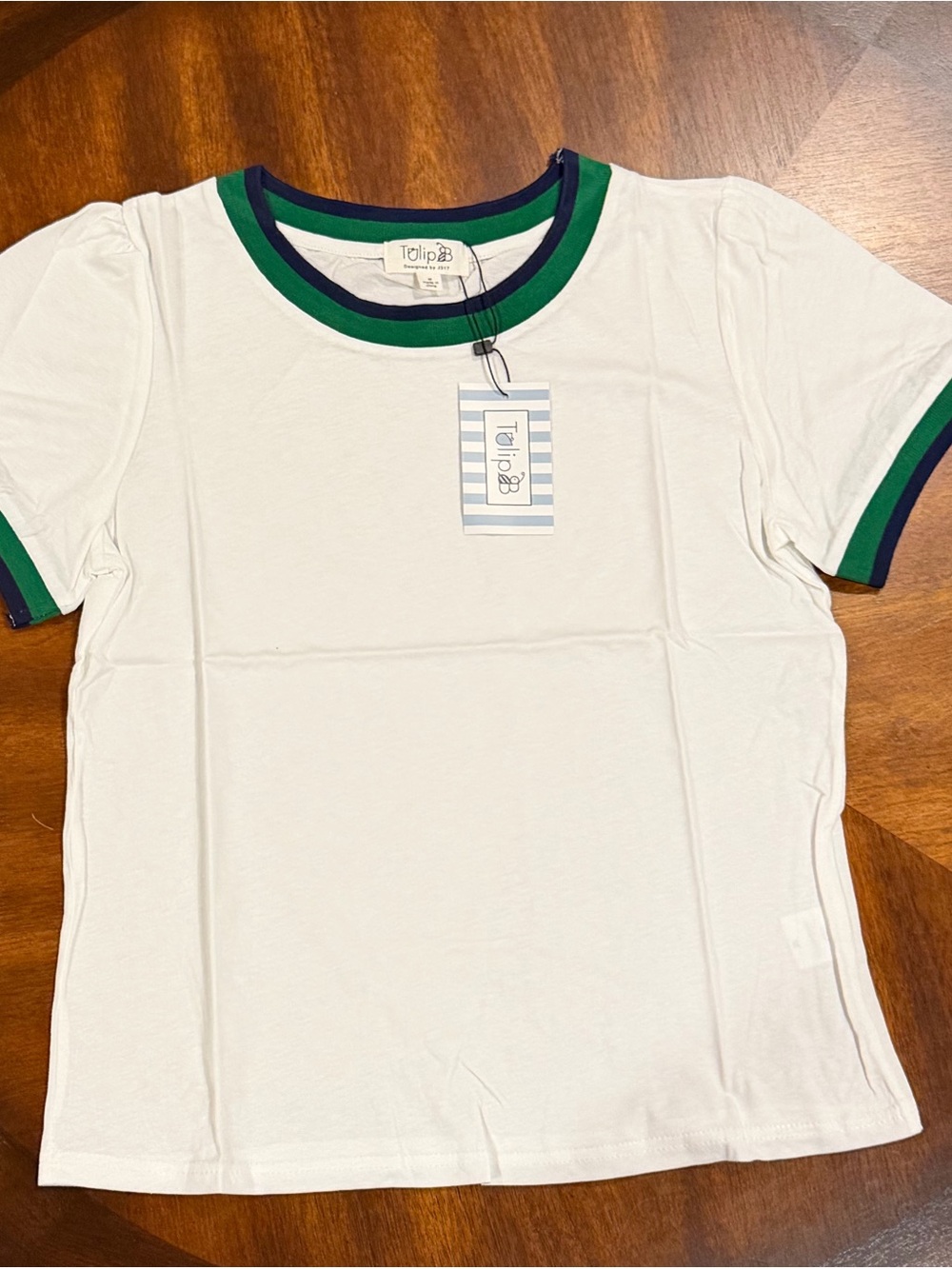 Tulip B Girls' White Short Sleeve Ringer Tee with Green & Navy Trim